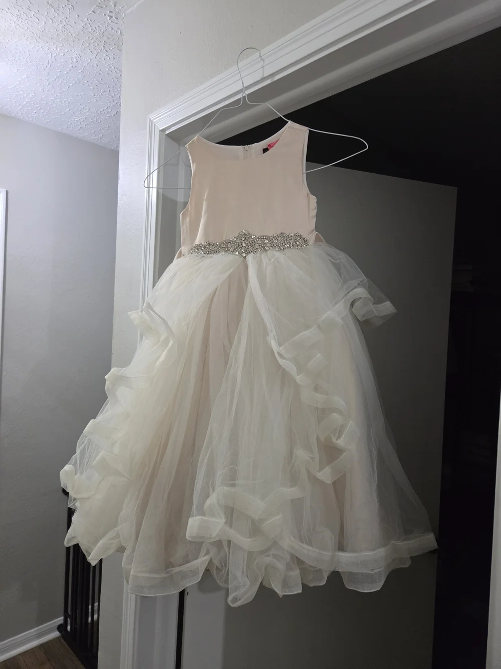 Girls Cream Tulle Party Dress with Rhinestone Waist